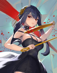 Rule 34 | 1girl, absurdres, bare shoulders, black dress, black hair, blood, blood splatter, bloody weapon, blush, breasts, choker, cleavage, dagger, dress, dual wielding, earrings, closed eyes, hairband, half-closed eyes, highres, holding, jewelry, knife, large breasts, looking at viewer, moonandmist, sidelocks, solo, spy x family, stiletto (weapon), upper body, weapon, yor briar