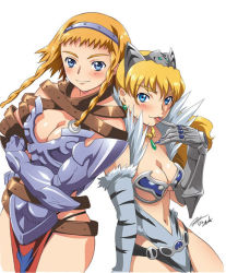 Rule 34 | 00s, 2girls, :p, armor, ass, back-to-back, bikini armor, blonde hair, blue eyes, blush, breasts, buckle, captain of the royal guard elina, cleavage, earrings, elbow gloves, elina (queen&#039;s blade), elina (queen's blade), exiled warrior leina, fur, gauntlets, gloves, hairband, hisayuki hirokazu, jewelry, large breasts, leina (queen&#039;s blade), leina (queen's blade), loincloth, multiple girls, official art, queen&#039;s blade, revealing clothes, siblings, sisters, smile, strap, thong, tongue, tongue out, wide hips