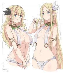 Rule 34 | 2girls, absurdres, armlet, bangle, blonde hair, blue eyes, bracelet, breast curtains, breasts, closed mouth, commentary, copyright request, dated, earrings, elf, feather hair ornament, feathers, hair ornament, highres, hoop earrings, jewelry, kichihachi, large breasts, long hair, looking at viewer, medium breasts, multiple girls, navel, open mouth, pointy ears, simple background, twitter username, white background