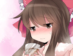 Rule 34 | 1girl, blush, bow, brown eyes, brown hair, commentary request, cup, hair bow, hakurei reimu, hammer (sunset beach), ice, long hair, pink background, ribbon, sidelocks, solo, touhou, towel, upper body, wavy mouth