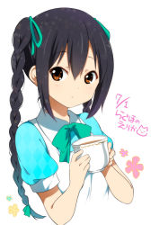 Rule 34 | 1girl, black hair, blush, braid, brown eyes, commentary request, cup, dated, hair ribbon, k-on!, long hair, looking at viewer, nakano azusa, official style, open mouth, puffy short sleeves, puffy sleeves, ragho no erika, ribbon, short sleeves, solo, teacup, twin braids, upper body, very long hair