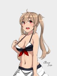 Rule 34 | 10s, 1girl, bare shoulders, bikini, blush, breasts, cleavage, grey background, hayabusa, kantai collection, large breasts, light brown hair, long hair, looking at viewer, murasame (kancolle), navel, open mouth, red eyes, signature, simple background, solo, swimsuit, twintails