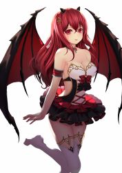 Rule 34 | 1girl, :d, absurdres, arm at side, arm behind back, arm garter, bare arms, bare shoulders, black wings, blush, breasts, cleavage, demon girl, demon wings, dress, female focus, frilled dress, frills, gem, hair between eyes, hair ornament, highres, horns, jewelry, large breasts, legs, long hair, looking at viewer, matching hair/eyes, mellozzo, neck, necklace, open mouth, original, red eyes, red gemstone, red hair, shade, short dress, smile, solo, standing, standing on one leg, strapless, strapless dress, thighhighs, white background, white thighhighs, wings
