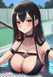 Rule 34 | 1girl, absurdres, amane sora, arm strap, bikini, black bikini, black choker, black hair, blush, breast rest, breasts, choker, cleavage, colored inner hair, day, earrings, hair between eyes, halterneck, highres, jewelry, large breasts, long hair, looking at viewer, mole, mole under mouth, multicolored hair, original, parted lips, pool, red eyes, red hair, solo, swimsuit, upper body, wet