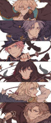 Rule 34 | 6+boys, absurdres, aiming, aiming at viewer, aqua eyes, bird, black bow, black bowtie, black cat, black cloak, black coat, black eyes, black gloves, black headwear, black jacket, black nails, black shirt, blonde hair, bow, bowtie, bright pupils, brooch, brown eyes, bungou to alchemist, cape, cat, cloak, closed mouth, coat, coat on shoulders, collared jacket, collared shirt, column lineup, commentary request, conan doyle (bungou to alchemist), crow, dagger, edgar allan poe (bungou to alchemist), epaulettes, facial hair, frilled shirt collar, frills, fur-trimmed cape, fur-trimmed cloak, fur trim, fyodor dostoyevsky (bungou to alchemist), gloves, gomashio (user xenc4437), gradient hair, green cape, grey hair, grey jacket, grey vest, gun, h. p. lovecraft (bungou to alchemist), hair between eyes, hair ribbon, handgun, hat, heterochromia, highres, holding, holding gun, holding weapon, holding whip, jacket, jewelry, knife, lev tolstoy (bungou to alchemist), lewis carroll (bungou to alchemist), long hair, long sleeves, looking at viewer, low ponytail, male focus, mature male, multicolored hair, multiple boys, neck ribbon, necktie, open mouth, parted bangs, parted lips, pink hair, profile, red eyes, red hair, red necktie, red ribbon, reverse grip, ribbon, shirt, short hair, sideways glance, simple background, sleeve cuffs, smile, smirk, stubble, top hat, turtleneck, upper body, v-shaped eyebrows, vest, weapon, white background, white gloves, white pupils, white shirt, wrinkled skin, yellow eyes