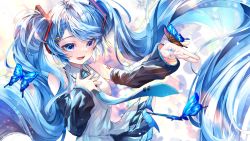Rule 34 | 1girl, :d, absurdres, bare shoulders, blue eyes, blue hair, blue nails, blue necktie, bug, butterfly, butterfly on hand, detached sleeves, hair ornament, hand on own chest, hatsune miku, highres, insect, long hair, looking at viewer, nail polish, necktie, number tattoo, open mouth, shirayuki towa, shirt, simple background, smile, solo, tattoo, twintails, upper body, very long hair, vocaloid, white background, white shirt