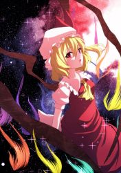 Rule 34 | 1girl, aono meri, ascot, bad id, bad twitter id, blonde hair, artistic error, flandre scarlet, gradient background, hat, hat ribbon, highres, looking at viewer, md5 mismatch, mob cap, open mouth, puffy sleeves, red eyes, resized, ribbon, shirt, short hair, short sleeves, side ponytail, skirt, skirt set, sky, solo, sparkle, star (sky), starry sky, touhou, vest, wings