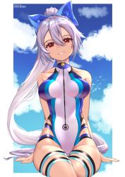 Rule 34 | 1girl, absurdres, artist name, bare shoulders, blue bow, blue one-piece swimsuit, blue sky, border, bow, breasts, cloud, collarbone, competition swimsuit, day, fate/grand order, fate (series), hair between eyes, hair bow, head tilt, highleg, highleg swimsuit, highres, long hair, looking at viewer, medium breasts, one-piece swimsuit, rachel bouvier, red eyes, silver hair, sky, smile, solo, swimsuit, thigh strap, tomoe gozen (fate), tomoe gozen (swimsuit saber) (fate), tomoe gozen (swimsuit saber) (first ascension) (fate), two-tone swimsuit, very long hair, white border, white one-piece swimsuit