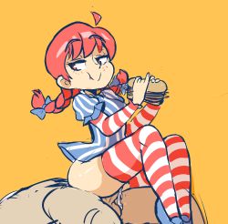 Rule 34 | 1boy, 1girl, blue bow, bow, braid, burger, clothed sex, cum, cum in pussy, dress, eating, food, freckles, hair bow, half-closed eyes, hetero, highres, no panties, notepaddy, penis, pinstripe pattern, puffy short sleeves, puffy sleeves, red hair, reverse cowgirl position, sex, sex from behind, short sleeves, sitting, smile, smug, straddling, striped clothes, striped dress, striped thighhighs, thighhighs, twin braids, twintails, uncensored, vaginal, wendy&#039;s, wendy (wendy&#039;s)
