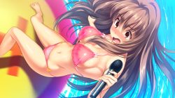 Rule 34 | 1girl, akatsuki shion, barefoot, bikini, breasts, brown eyes, brown hair, d-eve in you, feet, game cg, gokokukyou, heart, heart o-ring, heart ring bottom, large breasts, legs, long hair, microphone, navel, open mouth, swimsuit, thighs, water, wavy mouth