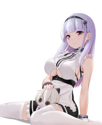 Rule 34 | 1girl, apron, azur lane, bare shoulders, black hairband, blush, breasts, character doll, clothing cutout, dido (azur lane), earrings, hairband, heart, heart earrings, jewelry, large breasts, looking at viewer, maid, mito engine, pink eyes, silver hair, simple background, sitting, sleeveless, smile, solo, thighhighs, underboob, underboob cutout, waist apron, white apron, white background, white thighhighs