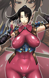 Rule 34 | 1girl, abs, armor, ass, black eyes, black hair, bodysuit, breasts, elbow gloves, enoshima iki, fishnets, gloves, hip focus, huge breasts, impossible clothes, impossible shirt, latex, navel, ninja, nipples, ponytail, shiny clothes, shirt, solo, soul calibur, soulcalibur, soulcalibur iv, sword, taki (soulcalibur), thighs, weapon, wide hips, zoom layer
