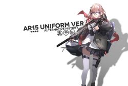 Rule 34 | 1girl, ar-15, assault rifle, backpack, bag, black-framed eyewear, blue eyes, blue hair, girls&#039; frontline, glasses, gun, hair ornament, highres, holster, jacket, lin+, long hair, looking at viewer, magazine (weapon), multicolored hair, official alternate costume, pink hair, pleated skirt, rifle, scarf, school uniform, scope, side ponytail, simple background, skindentation, skirt, solo, st ar-15 (girls&#039; frontline), st ar-15 (literary girl) (girls&#039; frontline), streaked hair, suppressor, thigh holster, thighhighs, trigger discipline, weapon, white background