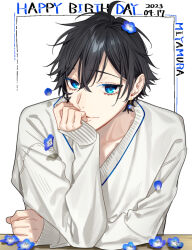 Rule 34 | 1boy, 2023, ahoge, alternate costume, black hair, blue eyes, clenched hand, commentary request, dated, earrings, flower, flower on head, hagiwara daisuke, happy birthday, hori-san to miyamura-kun, jewelry, long sleeves, looking at viewer, male focus, miyamura izumi, short hair, single earring, sleeves past wrists, solo, white background