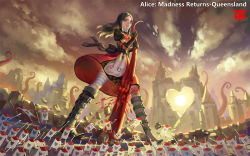 Rule 34 | 1girl, alice: madness returns, alice (alice in wonderland), alice in wonderland, alice liddell (american mcgee&#039;s alice), american mcgee&#039;s alice, apron, black hair, blood, breasts, card knights, closed mouth, cloud, commentary, dress, giant, giantess, green eyes, heart, jupiter symbol, lolita fashion, long hair, pantyhose, shui qian he kafei, solo, solo focus, striped