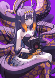 Rule 34 | 1girl, absurdres, animal ears, bare arms, bare shoulders, black dress, black gloves, blonde hair, blue eyes, book, dress, gloves, gradient hair, halo, highres, holding, holding book, hololive, hololive english, long hair, looking at viewer, low wings, multicolored hair, ninomae ina&#039;nis, ninomae ina&#039;nis (1st costume), parted lips, pension z, pointy ears, purple background, purple hair, simple background, solo, strapless, streaked hair, tentacles, thighhighs, very long hair, virtual youtuber, white thighhighs, wings