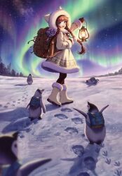 Rule 34 | 1girl, absurdres, animal, aurora, backpack, bag, bird, boots, bow, bowtie, braid, brown hair, dress, footprints, full body, fur trim, gloves, gradient sky, highres, holding, hood, knee boots, lamp, long hair, looking at viewer, morikura en, night, night sky, open mouth, original, pantyhose, penguin, pom pom (clothes), scan, shadow, short dress, simple background, sky, smile, snow, standing, star (sky), starry sky, tree, twin braids, winter clothes