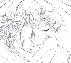 Rule 34 | 1boy, 1girl, bed, breasts, clothed female nude male, commentary request, fire emblem, fire emblem awakening, from above, graphite (medium), long hair, lucina (fire emblem), monochrome, nintendo, nude, open mouth, robin (fire emblem), robin (male) (fire emblem), traditional media, tusia