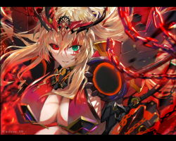 Rule 34 | 1girl, armor, black sclera, blonde hair, blood, blood on face, breasts, center opening, chain, colored sclera, barghest (fate), barghest (third ascension) (fate), fate/grand order, fate (series), green eyes, heterochromia, highres, large breasts, letterboxed, long hair, minoe08, pauldrons, red eyes, shoulder armor, twitter username