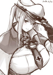 Rule 34 | 10s, 1girl, 2016, breasts, cross, dated, female focus, gloves, graf zeppelin (kancolle), hat, iron cross, kantai collection, kurokawa otogi, large breasts, looking at viewer, monochrome, otogi (s in w), ponytail, solo, white background, white hat