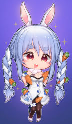 Rule 34 | 1girl, :d, animal ear fluff, animal ears, bare shoulders, black gloves, black leotard, black pantyhose, blue background, blue hair, blush, braid, breasts, carrot, carrot hair ornament, carrying, carrying under arm, chibi, coat, coat dress, commentary request, cutout above navel, detached sleeves, don-chan (usada pekora), dress, drooling, food-themed hair ornament, fur-trimmed coat, fur-trimmed gloves, fur scarf, fur trim, gloves, hair ornament, highres, hikimayu, hololive, korean commentary, leotard, long hair, mochikushi, mouth drool, multicolored hair, open mouth, pantyhose, playboy bunny, puffy short sleeves, puffy sleeves, rabbit ears, rabbit girl, rabbit tail, red eyes, scarf, short eyebrows, short sleeves, small breasts, smile, solo, sparkle, strapless, strapless coat, strapless dress, strapless leotard, swept bangs, tail, teeth, thigh strap, twin braids, twintails, two-tone hair, upper teeth only, usada pekora, usada pekora (1st costume), v-shaped eyebrows, virtual youtuber, white coat, white footwear, white hair, white scarf, white sleeves