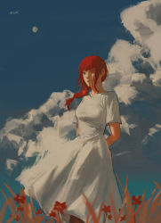 Rule 34 | 1girl, absurdres, arms behind back, blue sky, braid, braided ponytail, breasts, chainsaw man, closed mouth, cloud, cloudy sky, dress, grass, highres, long hair, makima (chainsaw man), medium breasts, moon, null (skev7724), outdoors, red hair, ringed eyes, short sleeves, sidelocks, sky, solo, white dress, yellow eyes