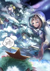 Rule 34 | 1girl, 2boys, :d, absurdres, ahoge, albedo (genshin impact), alternate costume, andylecia, aqua eyes, bell, blonde hair, brown gloves, chinese commentary, christmas ornaments, christmas tree, closed mouth, eyelashes, closed eyes, forehead, genshin impact, gloves, hair between eyes, highres, hood, hood up, looking at another, looking up, lumine (genshin impact), milky way, multiple boys, open mouth, outdoors, outstretched hand, paimon (genshin impact), sky, light smile, smile, snow, sparkle, speech bubble, split mouth, star (sky), star (symbol), starry sky, v, white hair, wreath