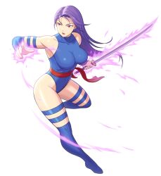 Rule 34 | 1girl, animification, artist request, ass, blue leotard, breasts, curvy, full body, glowing, glowing hand, highleg, highleg leotard, impossible clothes, impossible leotard, jumping, katana, large breasts, legs apart, leotard, lips, long hair, looking to the side, marvel, psylocke, purple eyes, purple hair, red sash, revealing clothes, sash, shiny skin, sitting, solo, sword, thong leotard, very long hair, weapon, white background, wide hips, x-men