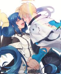 Rule 34 | 1boy, 1girl, blue gloves, blue hair, blush, closed eyes, couple, dizzy (guilty gear), gloves, guilty gear, guilty gear strive, guilty gear xrd, hair rings, holding hands, husband and wife, jacket, jacket on shoulders, ky kiske, long hair, open mouth, partially fingerless gloves, short hair, smile, tometo pot, twintails, white jacket