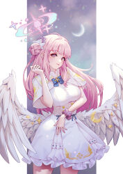 Rule 34 | absurdres, angel wings, blue archive, breasts, capelet, dress, feathered wings, frilled ribbon, frills, hair bun, halo, highres, honey brush, large breasts, low wings, mika (blue archive), pink hair, pink halo, ribbon, scrunchie, simple background, single side bun, tea party (blue archive), white capelet, white dress, white wings, wing ornament, wings, wrist scrunchie