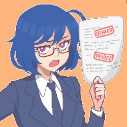 Rule 34 | 1girl, ahoge, blue hair, blue necktie, collared shirt, commentary, fang, glasses, hair between eyes, hcnone, holding, holding paper, jacket, looking at viewer, necktie, office lady, open mouth, orange background, original, outline, paper, pixel art, red eyes, shirt, short hair, simple background, skin fang, skye (hcnone), solo, upper body, white outline, white shirt