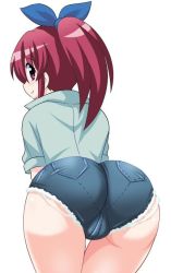Rule 34 | 10s, 1girl, aino megumi, ass, bow, cutoffs, denim, denim shorts, hair bow, happinesscharge precure!, konno tohiro, leaning forward, long hair, looking at viewer, looking back, ponytail, precure, red eyes, red hair, short shorts, shorts, simple background, solo, thigh gap, thighs, trefoil, white background
