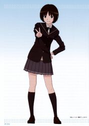 Rule 34 | 1girl, absurdres, amagami, artist request, black bow, black bowtie, black cardigan, black sailor collar, blue background, bob cut, bow, bowtie, breasts, brown eyes, brown footwear, brown hair, brown sweater, cardigan, dots, dress shirt, full body, gradient background, grey skirt, grin, hand on own hip, highres, kibito high school uniform, kneehighs, leaning to the side, loafers, long sleeves, looking at viewer, messy hair, official art, parted lips, pleated skirt, promotional art, sailor collar, scan, school uniform, shirt, shoes, short hair, skirt, small breasts, smile, socks, solo, standing, sweater, tachibana miya, third-party source, translated, v, very long sleeves, white background, white shirt