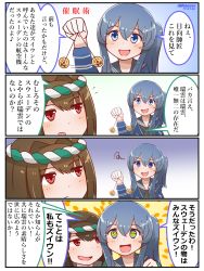 Rule 34 | 2girls, 4koma, @ @, blue eyes, blue hair, blue sailor collar, brown hair, coin, comic, empty eyes, gotland (kancolle), headband, highres, holed coin, hypnosis, hyuuga (kancolle), kantai collection, mind control, mitchell (dynxcb25), mole, mole under eye, multiple girls, pendulum, ponytail, red eyes, sailor collar, translation request