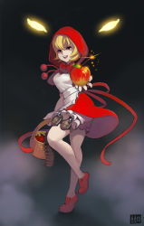 Rule 34 | 1girl, apple, apron, basket, blonde hair, bloomers, blue eyes, breasts, bulleta, capcom, dress, explosive, food, fruit, full body, gradient background, grenade, holster, hood, loafers, outstretched arm, red dress, red hood, shoes, short hair, small breasts, solo, sosoa, standing, standing on one leg, thigh holster, underwear, vampire (game)