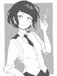 Rule 34 | 1girl, audio jack, boku no hero academia, buttons, closed mouth, collared shirt, grey background, greyscale, ina (gokihoihoi), jirou kyouka, looking at viewer, monochrome, necktie, shirt, short hair, short sleeves, simple background, skirt, solo, upper body
