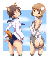Rule 34 | 00s, 2girls, :o, adjusting clothes, adjusting swimsuit, animal ears, ass, ass cutout, blouse, blue neckerchief, blue one-piece swimsuit, blunt bangs, brown eyes, brown hair, cable, clothing cutout, creator connection, cropped legs, crossover, day, dog ears, dog tail, from behind, hair between eyes, halterneck, hand on own hip, head tilt, legs apart, leotard, looking back, miyafuji yoshika, multiple girls, nagarakawa shiraku, neckerchief, no pants, one-piece swimsuit, outdoors, outside border, pelvic curtain, sakurano otoha, school swimsuit, school uniform, serafuku, shirt, short hair, sky, sky girls, standing, strike witches, swimsuit, swimsuit under clothes, tail, tail through clothes, thighhighs, thighs, white shirt, world witches series