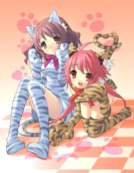Rule 34 | ahoge, animal ears, bow, brown eyes, brown hair, cat ears, dress, fang, gloves, ito noizi, long hair, momose hikaru, oversized paw gloves, peace@pieces, pink hair, red eyes, short hair, striped, takanashi homare, thighhighs, twintails