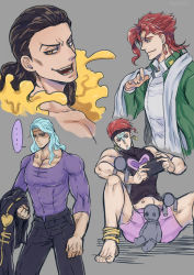 Rule 34 | 4boys, alternate costume, alternate hairstyle, anklet, bad id, bad pixiv id, bare shoulders, black hair, blue hair, boxers, earrings, gakuran, giga omega, highres, jacket, jewelry, jojo no kimyou na bouken, long hair, male underwear, multiple boys, muscular, muscular male, open clothes, open jacket, pants, playing games, red hair, rubber soul, scarf, school uniform, shirt, slime (substance), stand (jojo), stardust crusaders, stole, tight clothes, tight shirt, underwear, white hair, white scarf, yellow eyes, yellow temperance