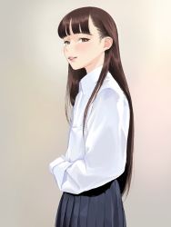 Rule 34 | 1girl, bad id, bad pixiv id, black skirt, blush, brown eyes, brown hair, collared shirt, commentary request, from side, grey background, highres, hiramedousa, long hair, long sleeves, looking at viewer, looking to the side, original, parted lips, pink lips, pleated skirt, shirt, simple background, skirt, smile, solo, standing, very long hair, white shirt, wing collar