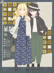 Rule 34 | 2girls, bag, black jacket, blonde hair, brown eyes, brown hair, buttons, dress, expressionless, eyebrows visible through hat, fashion, floral print, flower, framed, full body, green pants, hair ornament, hand in pocket, highres, holding, holding bag, jacket, long hair, looking at viewer, maribel hearn, medium hair, multiple girls, open clothes, out of frame, pants, patterned clothing, side ponytail, smile, sweater, tokoroten (hmmuk), touhou, usami renko, yellow eyes