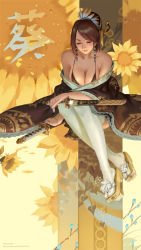 Rule 34 | 1girl, arm at side, arm support, bare shoulders, black bra, blue nails, bra, breasts, brown hair, brown kimono, cleavage, closed eyes, closed mouth, collarbone, detached sleeves, dress, earrings, eyelashes, fingernails, flower, frilled sleeves, frills, geta, gisuka yan, hair bun, hair ornament, hair stick, highres, japanese clothes, jewelry, kimono, large breasts, leaf print, legs together, lips, long fingernails, makeup, mascara, nail polish, nose, off-shoulder dress, off shoulder, original, parted bangs, pink lips, scabbard, sheath, sheathed, short kimono, short sword, single hair bun, sitting, solo, sunflower, sword, thighhighs, underwear, weapon, white thighhighs, wide sleeves