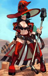 Rule 34 | 1girl, alex ahad, belt, black hair, boots, breasts, crop top, electric guitar, fingerless gloves, full body, gloves, green-tinted eyewear, green-tinted glasses, guilty gear, guilty gear strive, guitar, hat, highres, i-no, instrument, large breasts, loose belt, microphone stand, mole, mole above mouth, navel, plunging neckline, red footwear, red hat, red thighhighs, short shorts, shorts, solo, standing, stomach, sunglasses, thigh boots, thighhighs, tinted eyewear, witch hat