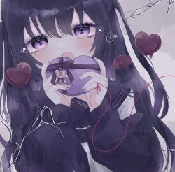 Rule 34 | 1girl, box, broken glass, chocolate, cota666, crack, glass, heart-shaped box, highres, looking at viewer, purple eyes, purple hair, school uniform, solo, string, string of fate, twintails