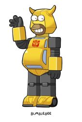 Rule 34 | 1boy, bumblebee (transformers), crossover, fusion, grin, homer simpson, parody, pun, simple background, smile, solo, soxy, the simpsons, transformers, transformers: generation 1, waving, white background