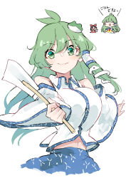 Rule 34 | 2girls, antenna hair, blue skirt, breasts, chibi, chibi inset, closed mouth, collared shirt, commentary, deetamu, detached sleeves, frog hair ornament, gohei, green eyes, green hair, hair ornament, hakurei reimu, highres, holding, kochiya sanae, large breasts, looking at viewer, multiple girls, navel, shirt, simple background, skirt, snake hair ornament, solo focus, touhou, white background, white shirt, wide sleeves