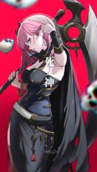 Rule 34 | 1girl, absurdres, artist name, bad id, bad twitter id, black cloak, black dress, black thighhighs, bracelet, breasts, cleavage, cloak, dress, from side, glance, hair behind ear, highres, holding, holding scythe, hololive, hololive english, hz (helu 2), jewelry, large breasts, long hair, mori calliope, over shoulder, pink eyes, pink hair, red background, scythe, side slit, smile, solo, tassel, thighhighs, virtual youtuber, weapon, weapon over shoulder