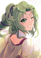 Rule 34 | 1girl, armor, fire emblem, fire emblem: the sacred stones, from behind, green eyes, green hair, grin, hair ribbon, highres, jewelry, l&#039;arachel (fire emblem), looking back, nakabayashi zun, nintendo, one eye closed, ribbon, shoulder armor, simple background, smile, solo, white background