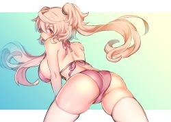 Rule 34 | 1girl, ahoge, ass, bent over, bikini, blonde hair, border, breasts, elsie-san (oshiruko), from behind, gradient background, hair tie, hanging breasts, large breasts, long hair, looking back, original, oshiruko (tsume), red bikini, red eyes, red ribbon, ribbon, short hair with long locks, sideboob, simple background, skindentation, solo, standing, strap gap, swimsuit, thighs, twintails, two side up, white border, white legwear