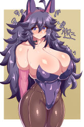Rule 34 | 1girl, @ @, ahoge, alternate breast size, alternate costume, animal ears, bare shoulders, blush, breasts, bunny day, cameltoe, cleavage, commentary, creatures (company), curvy, elbow gloves, embarrassed, fake animal ears, game freak, gloves, hex maniac (pokemon), highres, huge breasts, leotard, long hair, looking at viewer, messy hair, namae ga kimaranai man, nintendo, pantyhose, pink gloves, playboy bunny, pokemon, pokemon xy, purple eyes, purple hair, purple leotard, shiny skin, solo, standing, strapless, strapless leotard, thick thighs, thighs, yellow background